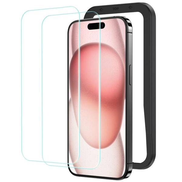 【特価セール】保護フィルム iPhone15用強化ガラス ガイド枠付き 2枚セット ガラスフィルム アイフォン 15（6.1インチ