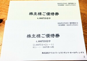 ☆最新☆　10000円分　クリエイト レストランツ ホールディングス 株主優待