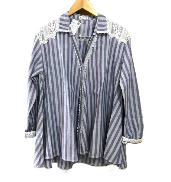 新品 タグ付き axes femme ストライプ柄シャツ Mサイズ 紺色 レース 長袖 シャツ カジュアルシャツ