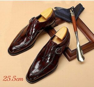 ビジネスシューズ　メンズシューズ　靴　ロングノーズ　紳士靴 革靴　フォーマル　モンクストラップ　通勤靴　オシャレ ワイン　25.5cm