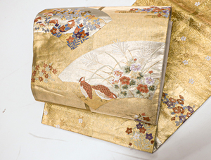 《京都一輝堂》【着物】 袋帯 銅盃箔 地紙に花鳥文様 23B-1832