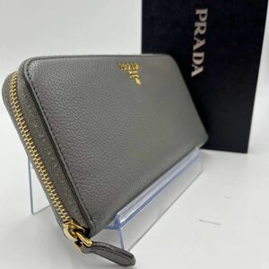 1円●美品・付属品有●PRADA プラダ 長財布 ラウンドファスナー ジッピーウォレット レザー シボ グレー アクアブルー メンズ 男女 ロゴ