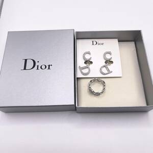 #12436 Christian Dior Christian Dior Dior Logo Heart ring rhinestone / rhinestone CD earrings 