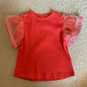 新品　フタフタ　ギンガムチェックリボンが可愛い袖フリル 半袖 Tシャツ　80cm 女の子 子供服　バースデイ　 ベビー服　赤