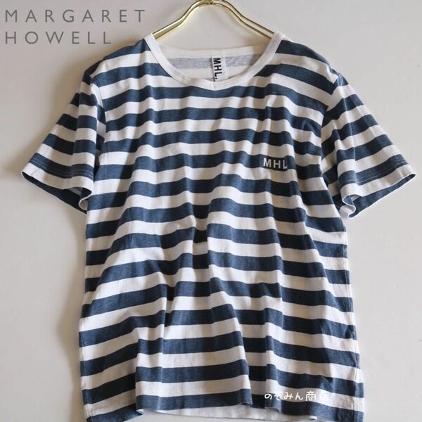 【MARGARET HOWELL】Tシャツ　ボーダー　ロゴ文字　青×白　M★