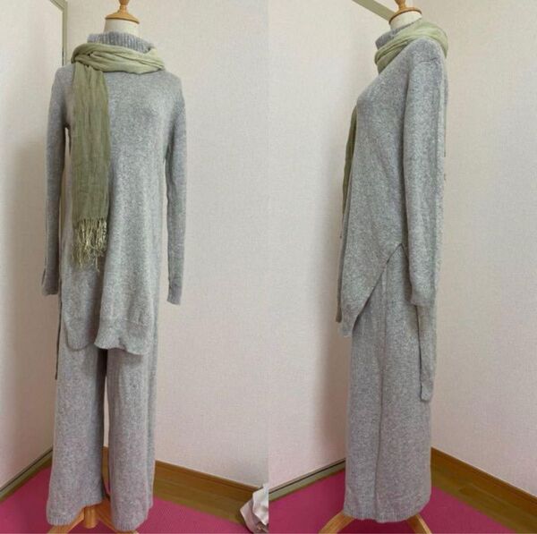 Natural vintage goaゴア☆羊毛アンゴラニット+パンツ+ストール上下セットアップ、グレー中古美品