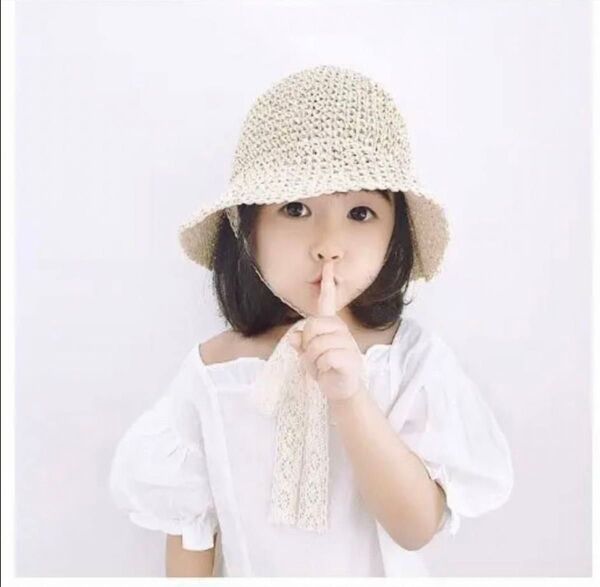 【ベージュ】レース麦わら帽子 48cm(1歳 2歳 3歳)リボン 可愛い 韓国