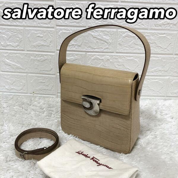 Ferragamo フェラガモ ガンチーニ ショルダーバッグ ハンドバック 鞄 カバン レディース 女性 2way エンボス クロコ調 自立可能 型押し