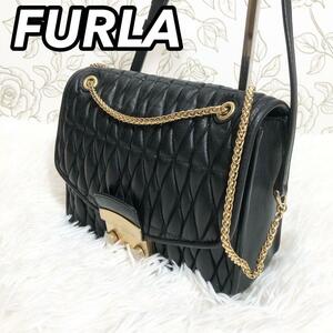  FURLA フルラ メトロポリタン ス ハンド トートバック チェーンショルダーバッグ レザー キルティング ゴールド ブラック 黒色 レディース