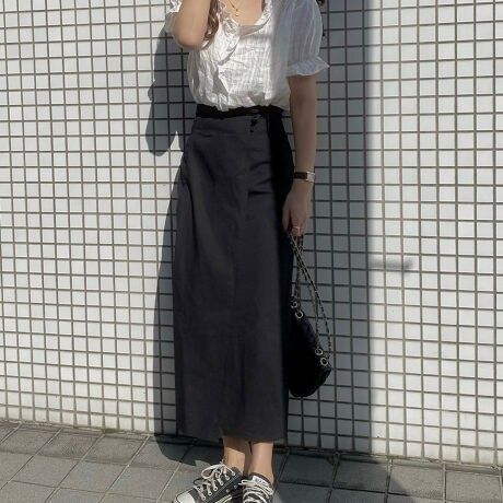 マキシスカート ロングスカート ラウアー ラップスカート ブラック リネン混 L