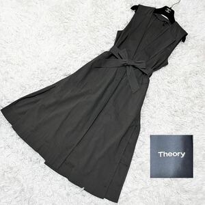 希少 Theory セオリー 現行 CRUNCH SKEA 01-6202600 ロングジレ ロングベスト 羽織 麻 リネン ウエストリボン ベルト ストレッチ カーキ S