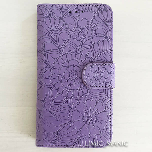 iPhone 6 6s 7 8 SE (第2世代/第3世代) SE2 SE3 ケース スマホ 手帳型 カードケース パープル 紫 紫色 花模様 エンボス加工 アイフォン