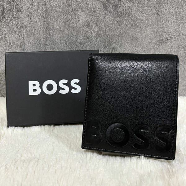 【新品未使用】BOSS ヒューゴボス 二つ折り財布 レザー ブラック 黒 ウォレット 本革 ロゴ型押し 山羊革 ゴートレザー 小銭入れ