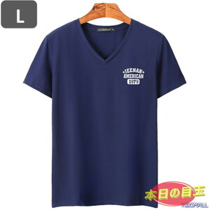 本日のお買得 ☆ Vネック 半袖 Tシャツ【453】 ネイビー Lサイズ トップス シャツ シンプル イラスト デザイン 春夏