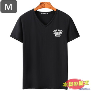 本日のお買得 ☆ Vネック 半袖 Tシャツ【453】 ブラック Mサイズ トップス シャツ シンプル イラスト デザイン 春夏