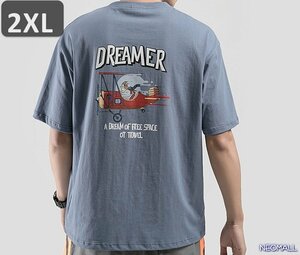 人気商品 ☆ 丸首 半袖 Tシャツ【468】 ブルー 2XLサイズ トップス シャツ シンプル イラスト デザイン 春夏