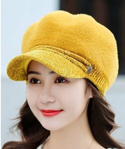 キャスケット イエロー 帽子 レディース 秋冬 大きいサイズ キャップ ゆったり 可愛い かわいい 小顔 伸縮性 防寒対策