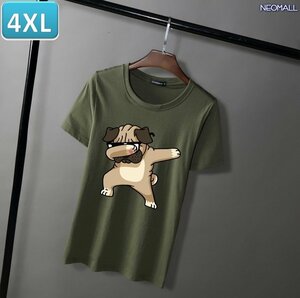 夏にピッタリ ☆ 丸首 半袖 Tシャツ【346】 グリーン 4XLサイズ トップス シャツ シンプル イラスト 犬 ドッグ 春夏