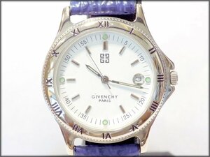 動作品/電池交換済 GIVENCHY/ジバンシィ デイト 腕時計 クォーツ ネイビーベルト レザー ホワイト文字盤 QZ ラウンド