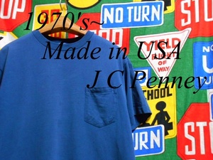 ★ビッグシルエットな1枚★Made in USA製アメリカ製JCPenneyビンテージポケットTシャツ70s70年代四角形ステッチ耳付きポケットダークブルー