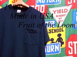 ★コンディション良好な1枚★Made in USA製アメリカ製Fruit of the LoomフルーツオブザルームビンテージポケットTシャツ80s80年代Lブラック