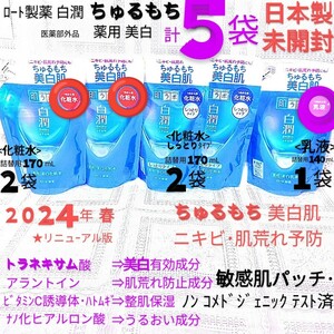 送料込★白潤詰替５袋(化粧水2袋,しっとり2袋,乳液1袋)ちゅるもち美白肌トラネキサム酸 ロート製薬肌ラボ★日本製未開封●ネコポス匿名配送