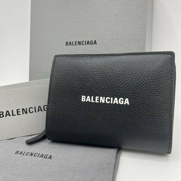 【未使用級】BALENCIAGA バレンシアガ エブリデイ ミニジップウォレット 二つ折り財布 レザー ぶブラック 黒 付属品完備