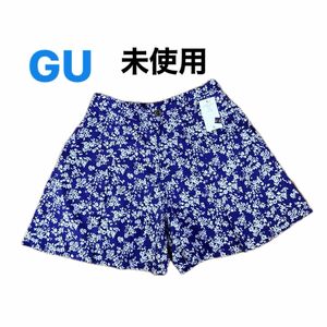 【GU・未使用】フレアショートパンツ　 Lサイズ　キュロットミニスカート　青紫に白の小花模様