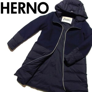 HERNO ヘルノ メルトンウール × ナイロン 切替 フード ダウン コート 42 ネイビー PI0848D ミックス コンビ