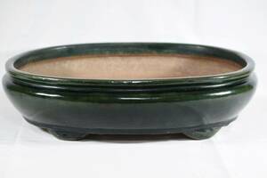 【秀峰】 緑釉袋式楕円鉢　間口53.0cm　人気和鉢作家　希少品