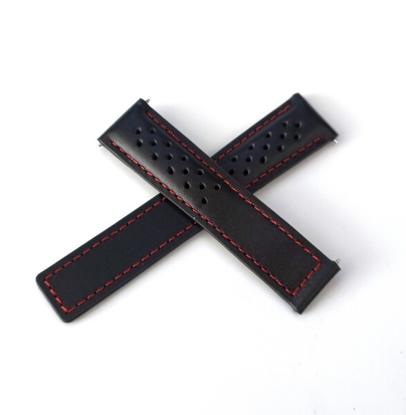 20mm レザー 革ベルト 穴あき ブラック×レッドステッチ 黒×赤 【対応】タグホイヤー TAG HEUER カレラ アクアレーサー フォーミュラ1 等