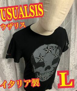 USUALSISウザリス　半袖　Tシャツ イタリア製　スカル　スワロスキー　星　黒　Lサイズ