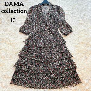 【良品】DAMA collection ダーマコレクション シルク100％ カシュクールワンピース シフォン 花柄 総柄 ブラック 黒 マルチカラー 13　LL