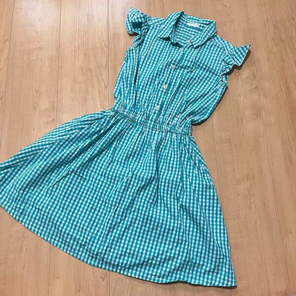 GU ワンピース 女の子 130 半袖 子供服 キッズ 半袖ワンピース フリル 緑 チェック 膝丈ワンピース
