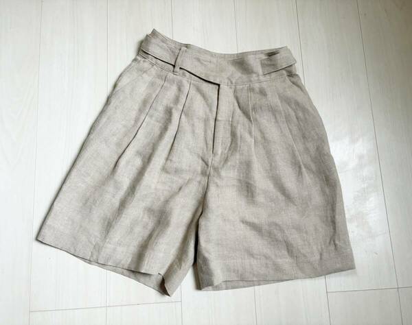 美品 Curensology カレンソロジー パンツ ショート ハーフ リネン 麻 ツータック ベージュ グルカ ワイド 38 linen pants レディース △6 