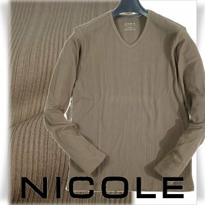 新品1円～★ニコル セレクション NICOLE selection メンズ コットン綿 長袖 Vネック リブストライプカットソー 50 LL カーキ 本物◆4975◆