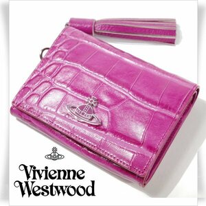 新品1円～★定価4.4万 Vivienne Westwood ヴィヴィアンウエストウッド 牛革レザー 二つ折り クロコエンボス財布 ORB タッセル ◆5042◆