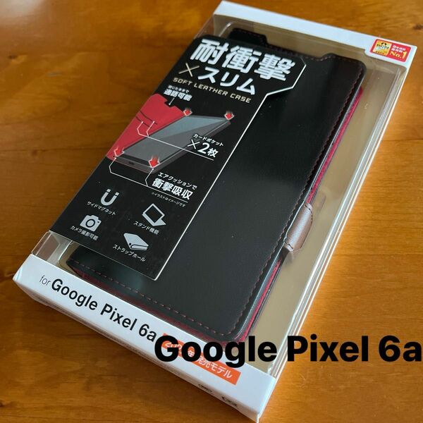 Google Pixel 6a ソフトレザーケース 磁石付 耐衝撃 ステッチ グーグルピクセル6a ブラック　手帳型
