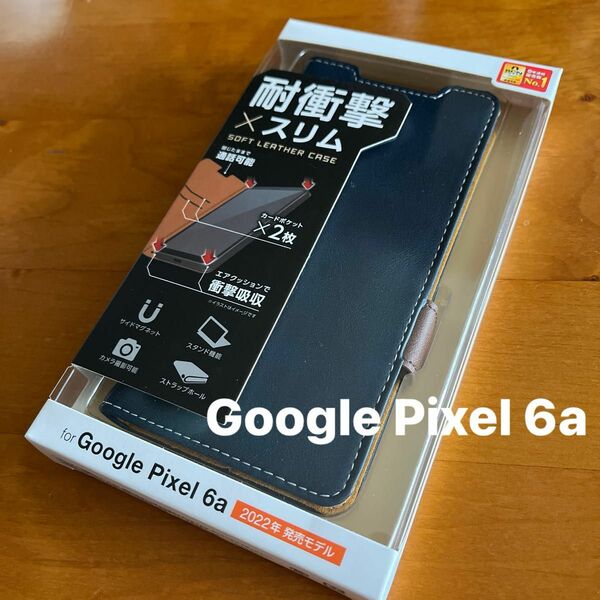 Google Pixel 6a ソフトレザーケース 磁石付 耐衝撃 ステッチ グーグルピクセル6a ネイビー　手帳型