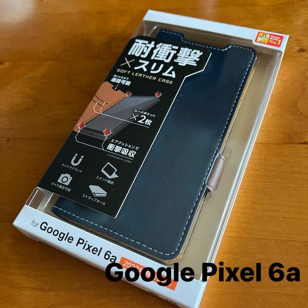 Google Pixel 6a ソフトレザーケース 磁石付 耐衝撃 ステッチ グーグルピクセル6a ネイビー　手帳型　