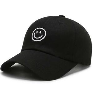 キャップ 帽子 メンズ レディース スマイル 笑顔 ニコニコ 刺繍 シンプル ブラック