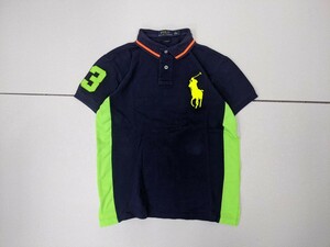 6．POLO RALPH LAUREN ポロ ラルフローレン ビッグポニー 鹿の子 半袖 ラインポロシャツ メンズS ネイビー- 蛍光オレンジ黄色x603