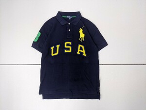 7．POLO RALPH LAUREN ポロラルフローレン USA ビッグポニー 鹿の子 半袖ポロシャツ L(14-16) ネイビー黄色青緑x609