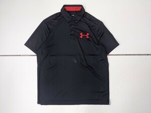 14．状態良好 アンダーアーマー UA フロントロゴ 速乾 うすでジャージ素材半袖ポロシャツ トレーニングウェア メンズXL 黒赤x607