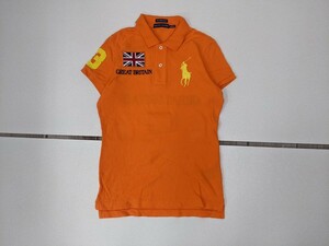 15．ラルフローレン RALPH LAUREN SKINNY POLO GREAT BRITAIN 鹿の子 星条旗 ビッグポニー 半袖ポロシャツ S オレンジ黄色ネイビー x703