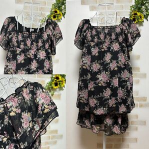 【Lサイズ】◆SHELLNA☆チュニックワンピース☆シフォン素材☆ブラック☆薔薇☆美品
