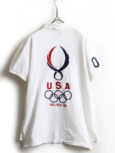  большой po колено # POLO Polo Ralph Lauren Пекин Olympic USA представитель модель вышивка олень. . рубашка-поло с коротким рукавом ( мужской мужчина M ) б/у одежда белый 