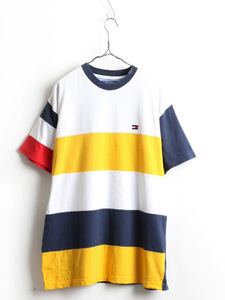 90's ■ TOMMY JEANS トミーヒルフィガー マルチカラー 太 ボーダー 切替 半袖 Tシャツ ( メンズ 男性 L ) 半袖Tシャツ 古着 HILFIGER