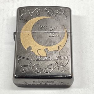 01wy0303★1円~ Zippo ジッポー 三日月とネコ 箱無し ムーンライトラヴァーズ メンズ ライター USA製 現状品 中古品