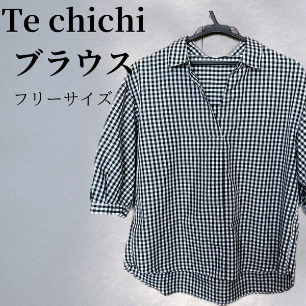 Techichi テチチ ギンガムチェック チェック ブラウス 半袖 襟付き チュニック ブラック フリーサイズ ゆったり